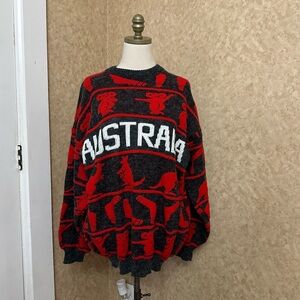 VTG 80s 90s Grey Red Chunky Knit Australia Koala Bear Kangaroo Boomerang Sweater
